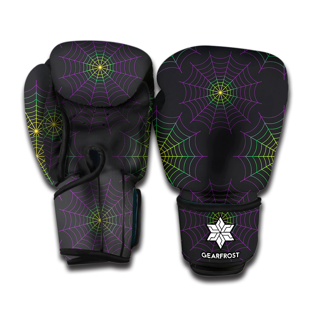 Purple And Green Spider Web Print Boxing Gloves