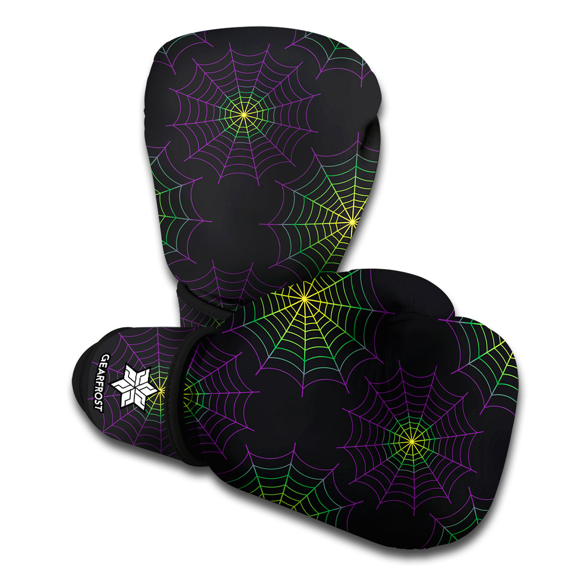 Purple And Green Spider Web Print Boxing Gloves