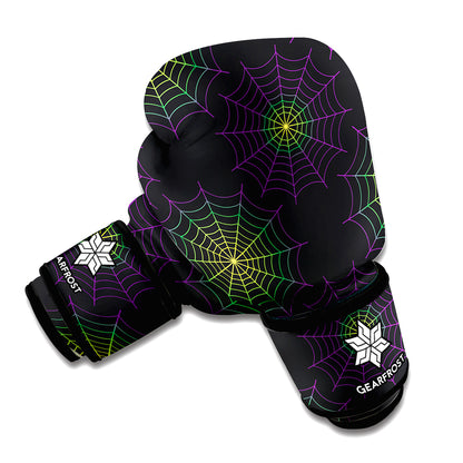 Purple And Green Spider Web Print Boxing Gloves