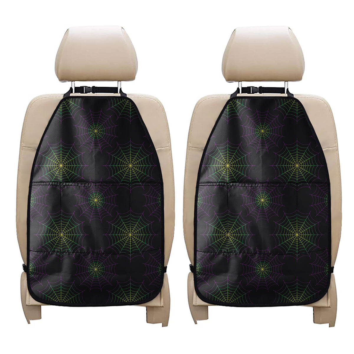 Purple And Green Spider Web Print Car Seat Organizers