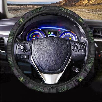 Purple And Green Spider Web Print Car Steering Wheel Cover