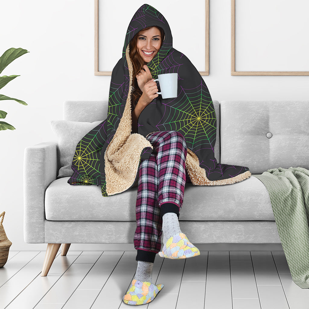 Purple And Green Spider Web Print Hooded Blanket