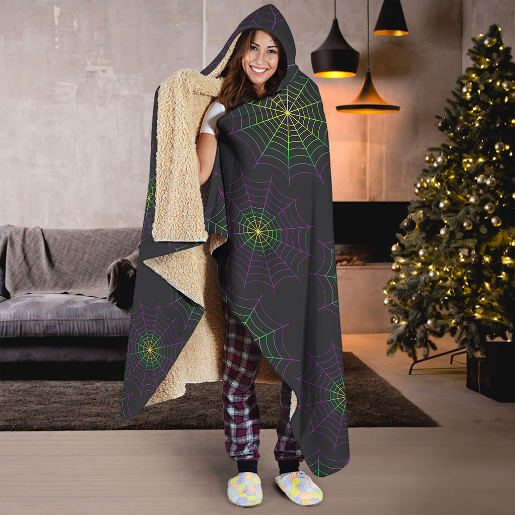 Purple And Green Spider Web Print Hooded Blanket