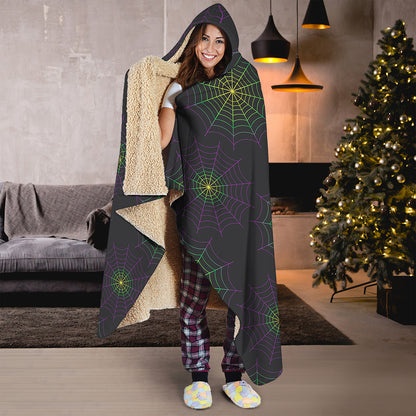 Purple And Green Spider Web Print Hooded Blanket