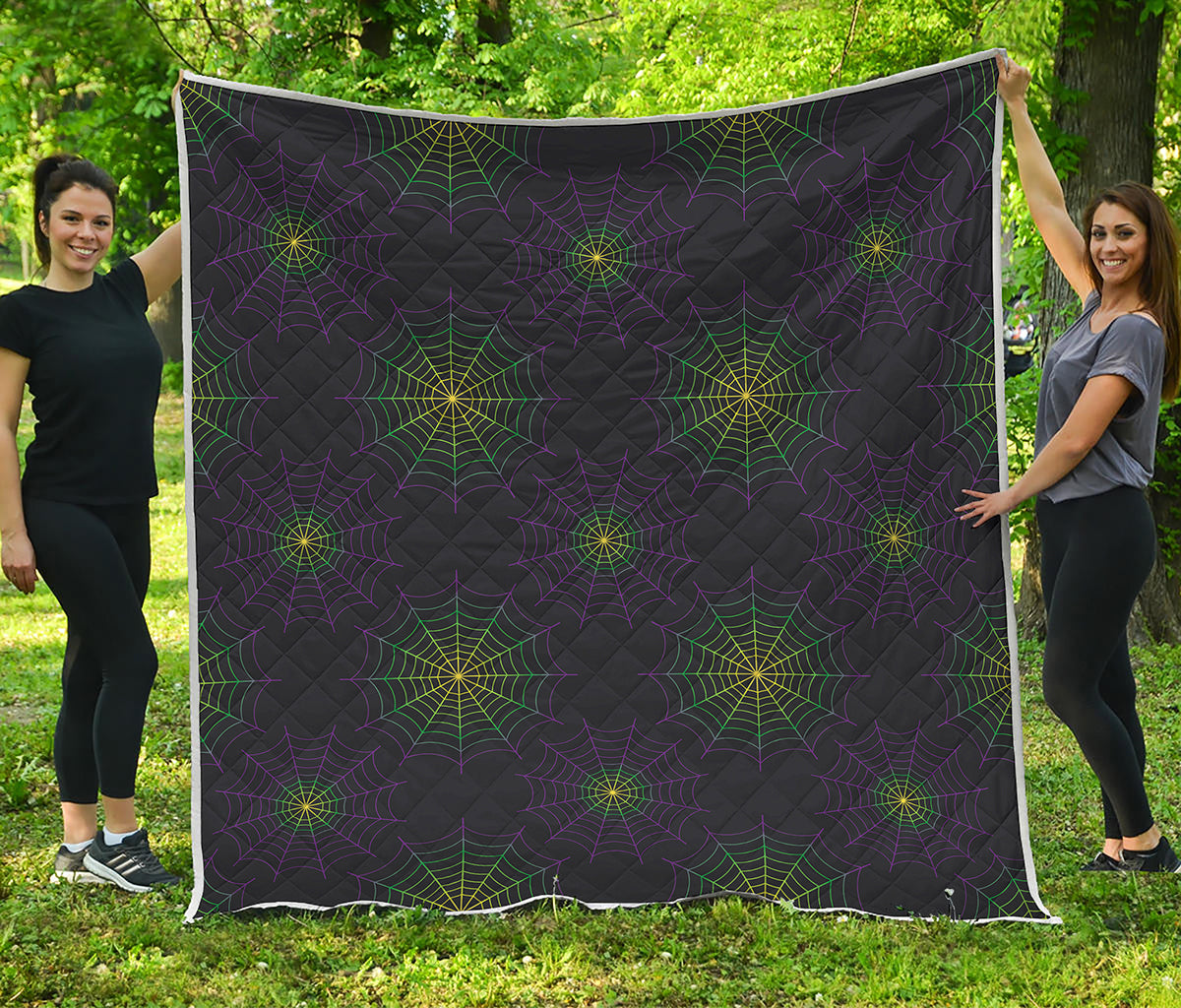 Purple And Green Spider Web Print Quilt