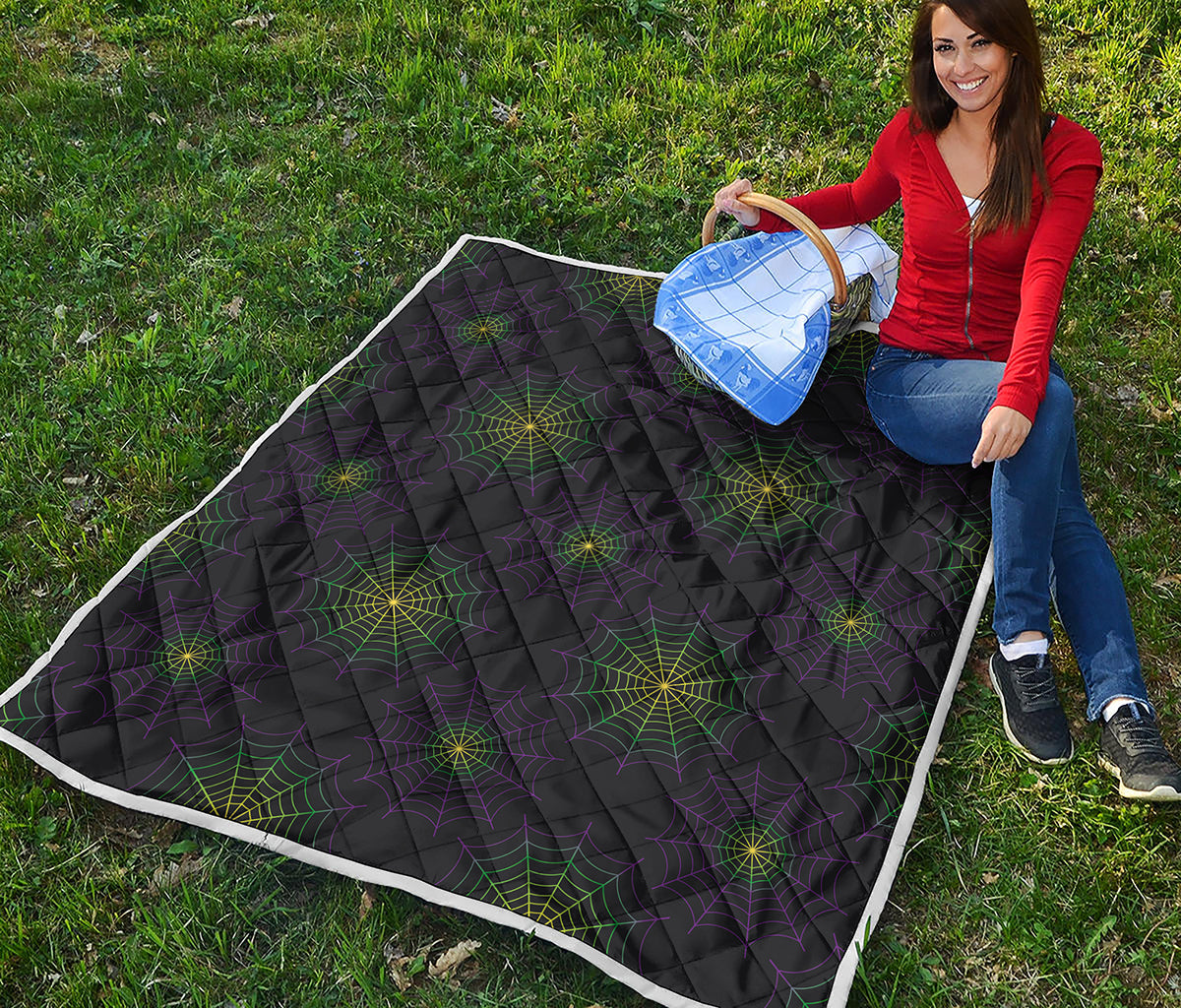 Purple And Green Spider Web Print Quilt