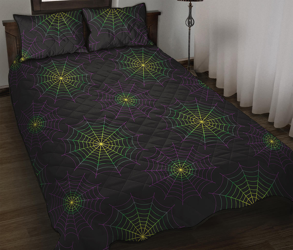 Purple And Green Spider Web Print Quilt Bed Set