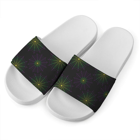 Purple And Green Spider Web Print White Slide Sandals