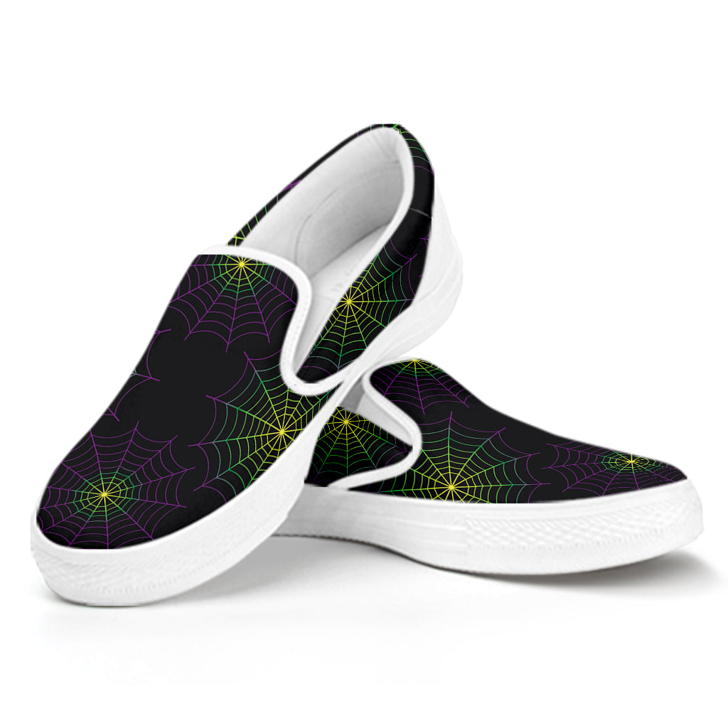 Purple And Green Spider Web Print White Slip On Shoes