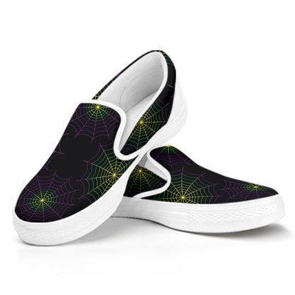 Purple And Green Spider Web Print White Slip On Shoes
