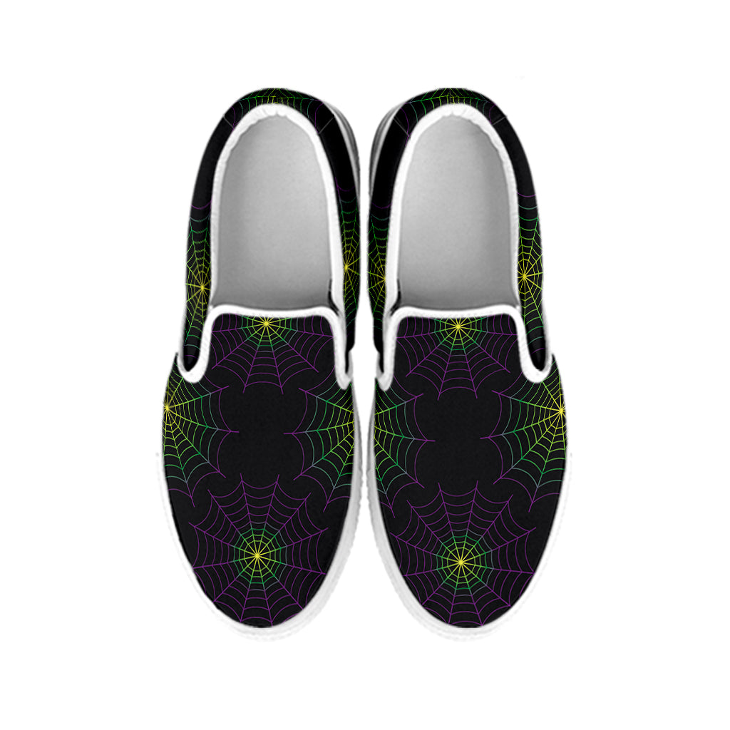 Purple And Green Spider Web Print White Slip On Shoes