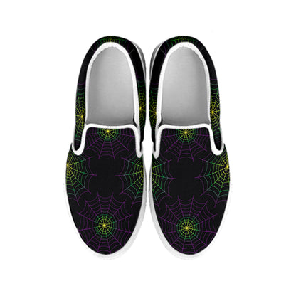 Purple And Green Spider Web Print White Slip On Shoes