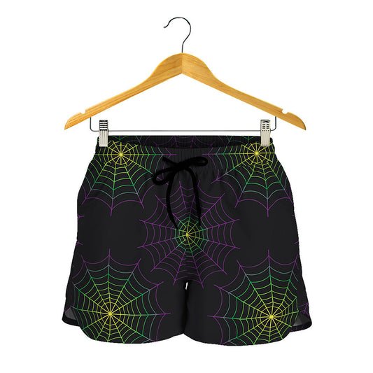 Purple And Green Spider Web Print Women's Shorts