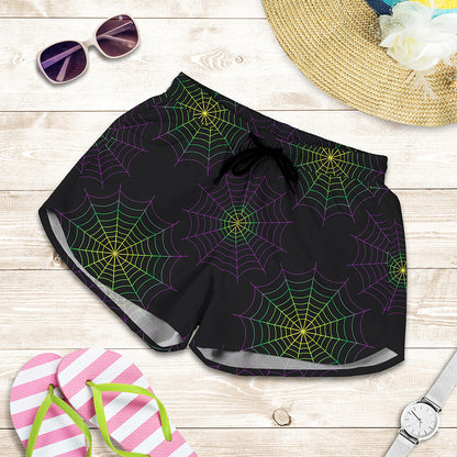 Purple And Green Spider Web Print Women's Shorts