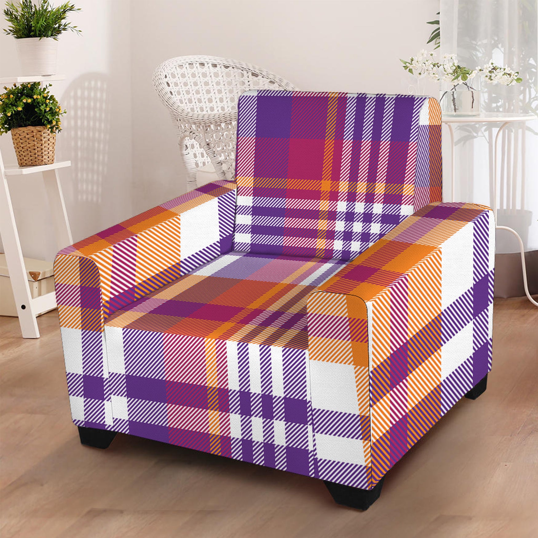 Purple And Orange Madras Plaid Print Armchair Slipcover