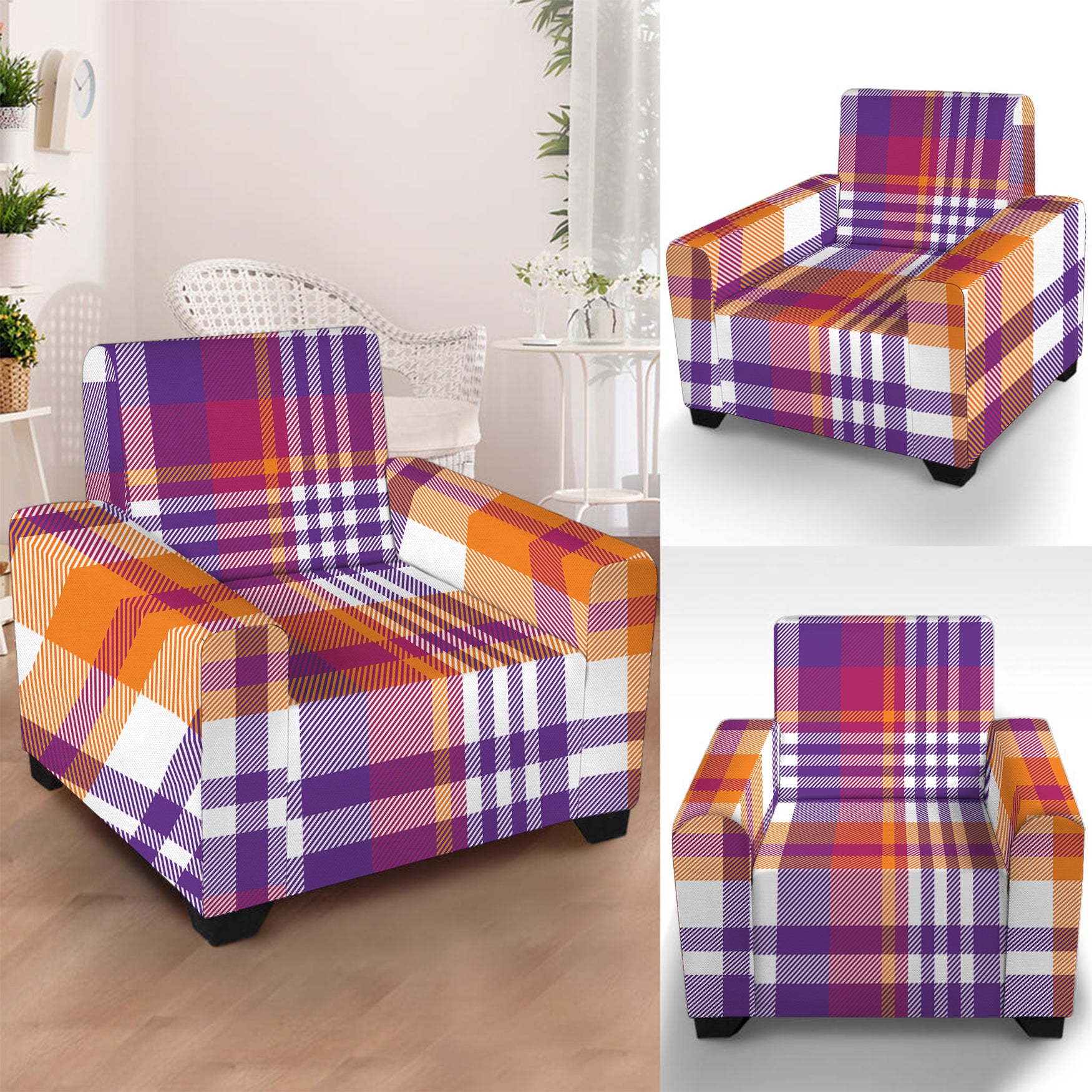 Purple And Orange Madras Plaid Print Armchair Slipcover