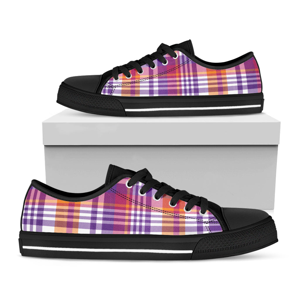 Purple And Orange Madras Plaid Print Black Low Top Shoes