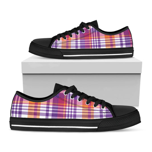 Purple And Orange Madras Plaid Print Black Low Top Shoes