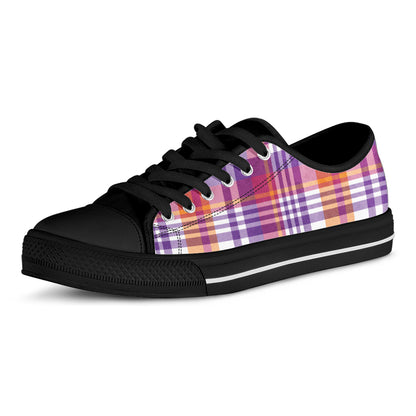 Purple And Orange Madras Plaid Print Black Low Top Shoes