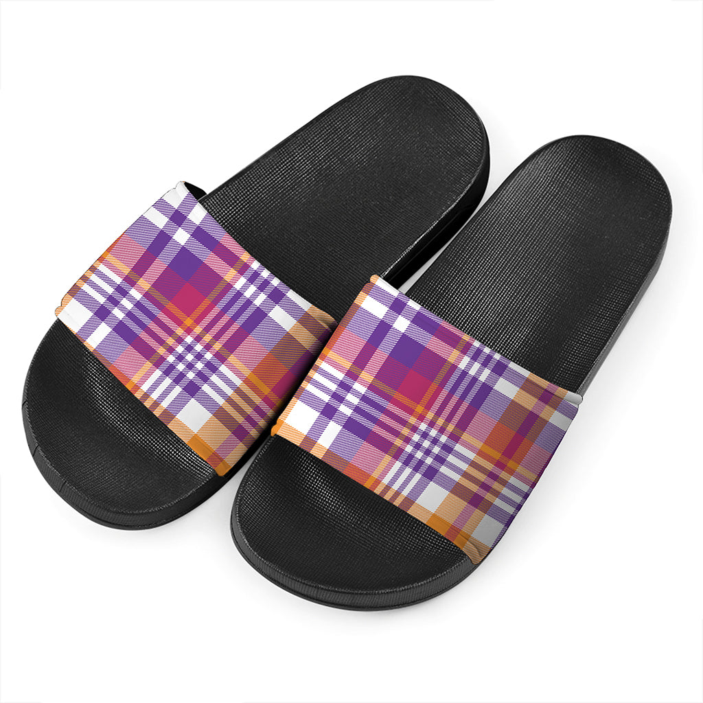 Purple And Orange Madras Plaid Print Black Slide Sandals