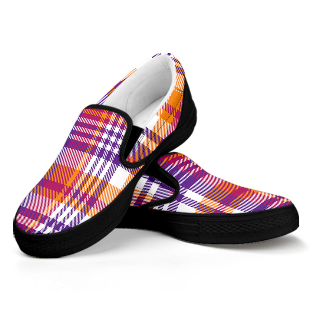 Purple And Orange Madras Plaid Print Black Slip On Shoes