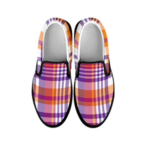 Purple And Orange Madras Plaid Print Black Slip On Shoes
