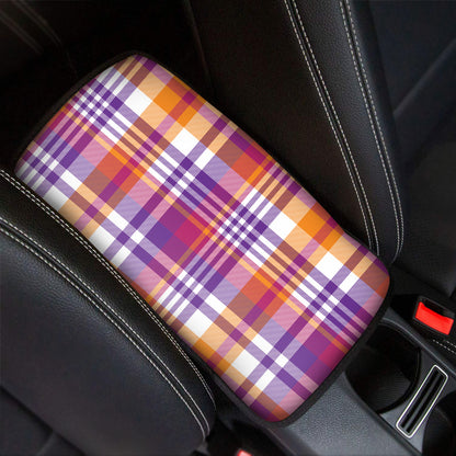 Purple And Orange Madras Plaid Print Car Center Console Cover