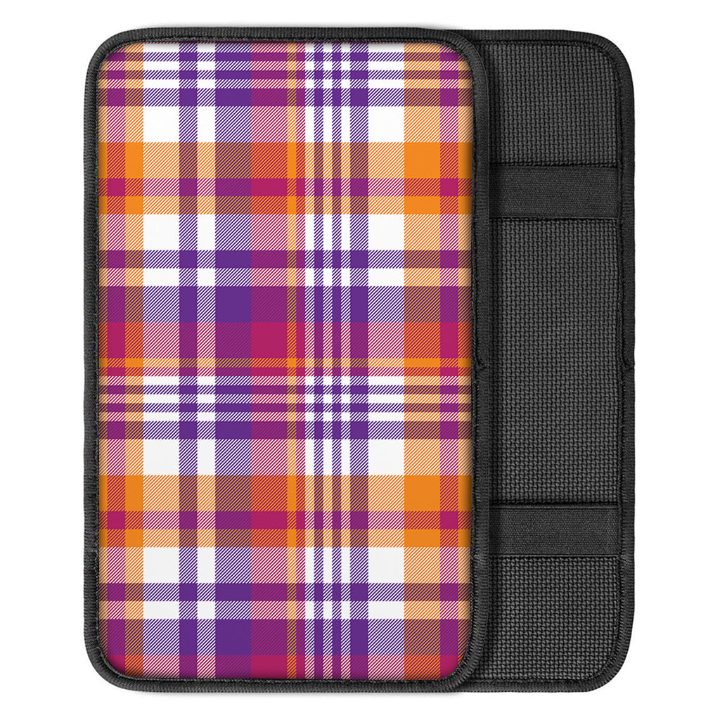 Purple And Orange Madras Plaid Print Car Center Console Cover