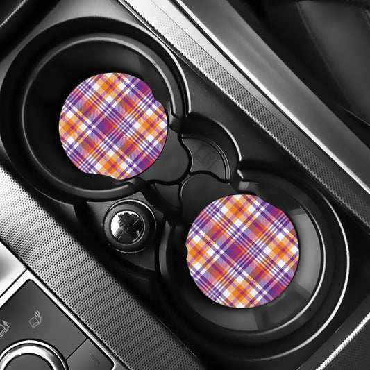 Purple And Orange Madras Plaid Print Car Coasters