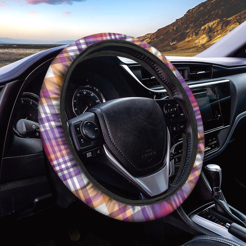 Purple And Orange Madras Plaid Print Car Steering Wheel Cover