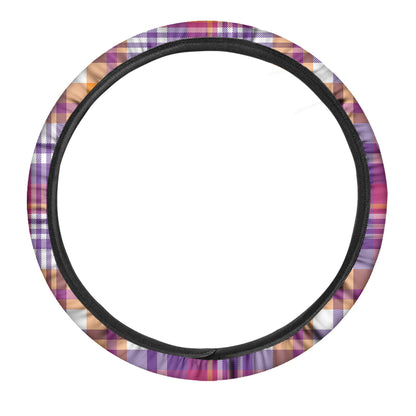 Purple And Orange Madras Plaid Print Car Steering Wheel Cover