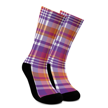 Purple And Orange Madras Plaid Print Crew Socks