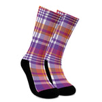 Purple And Orange Madras Plaid Print Crew Socks