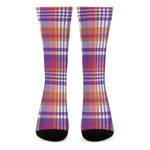 Purple And Orange Madras Plaid Print Crew Socks
