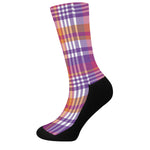 Purple And Orange Madras Plaid Print Crew Socks