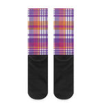 Purple And Orange Madras Plaid Print Crew Socks