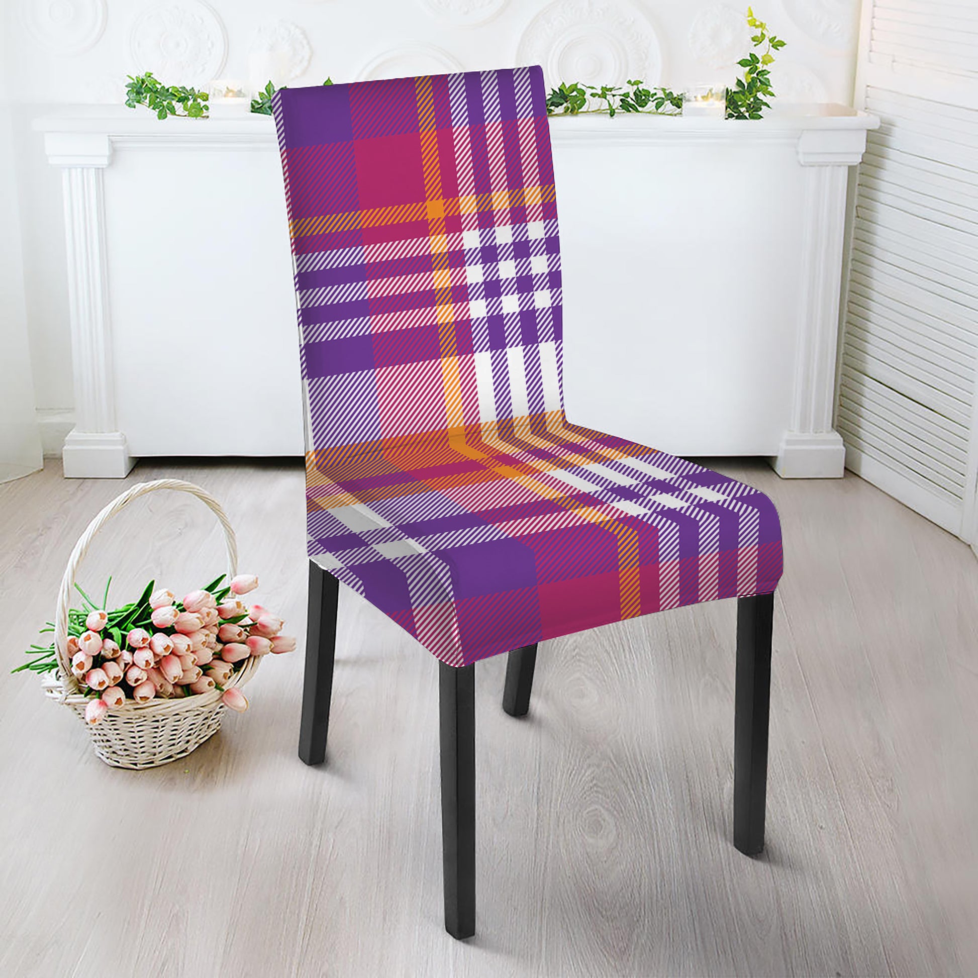 Purple And Orange Madras Plaid Print Dining Chair Slipcover