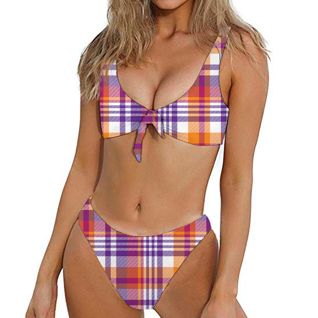 Purple And Orange Madras Plaid Print Front Bow Tie Bikini
