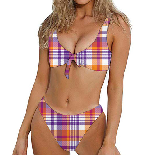 Purple And Orange Madras Plaid Print Front Bow Tie Bikini