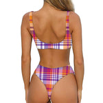 Purple And Orange Madras Plaid Print Front Bow Tie Bikini