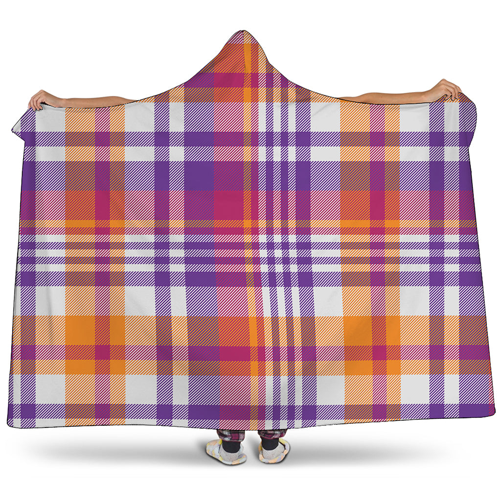 Purple And Orange Madras Plaid Print Hooded Blanket