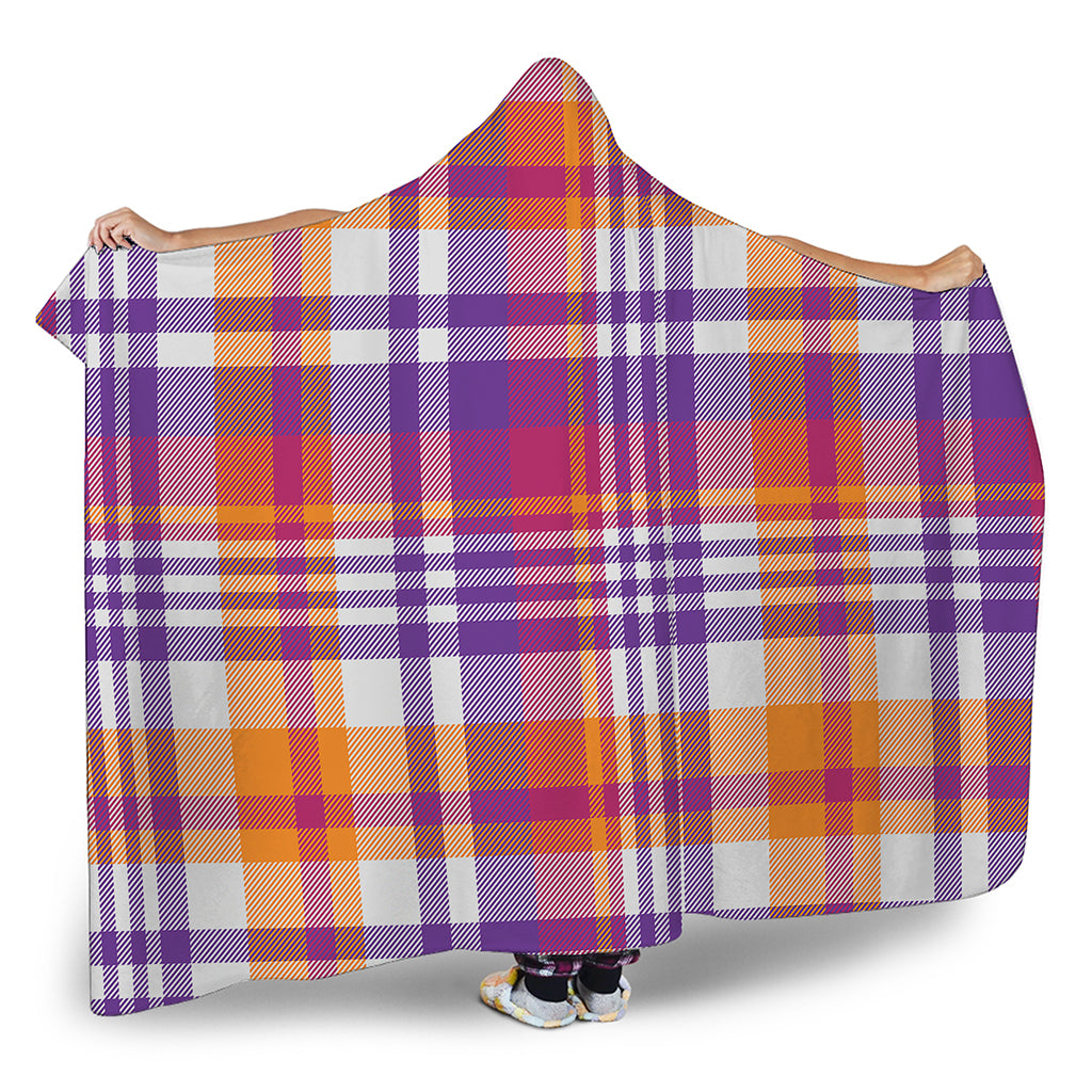 Purple And Orange Madras Plaid Print Hooded Blanket