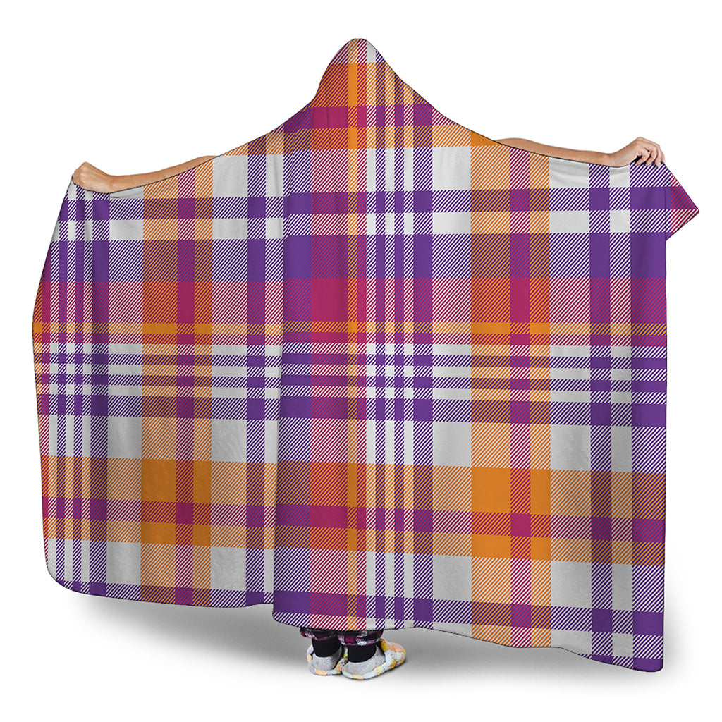 Purple And Orange Madras Plaid Print Hooded Blanket