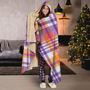 Purple And Orange Madras Plaid Print Hooded Blanket