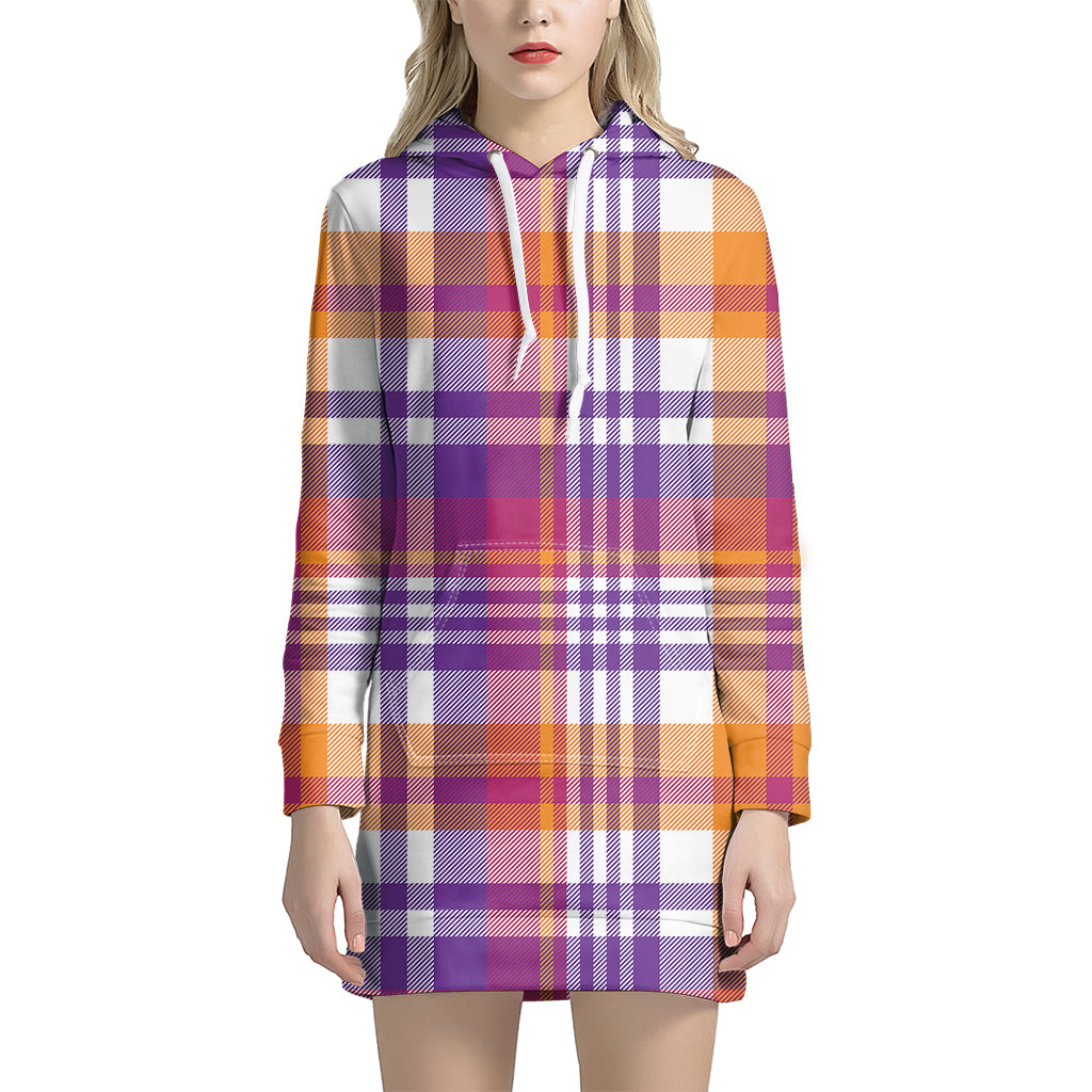 Purple And Orange Madras Plaid Print Hoodie Dress