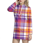 Purple And Orange Madras Plaid Print Hoodie Dress