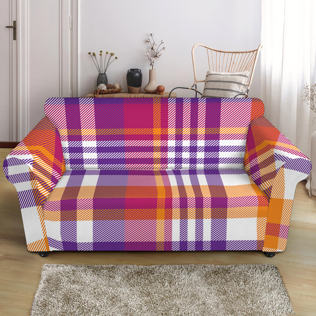 Purple And Orange Madras Plaid Print Loveseat Slipcover