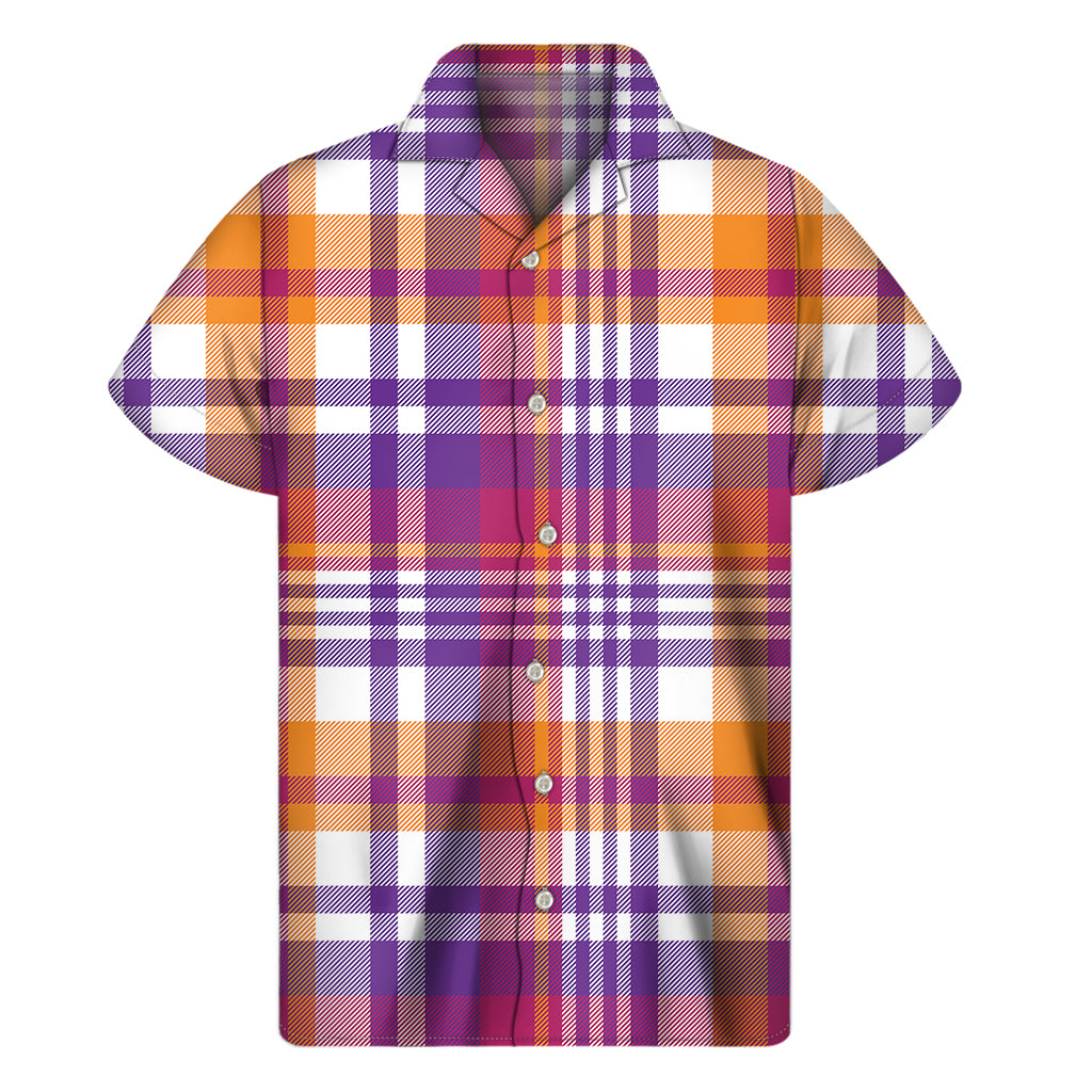 Purple And Orange Madras Plaid Print Men's Short Sleeve Shirt