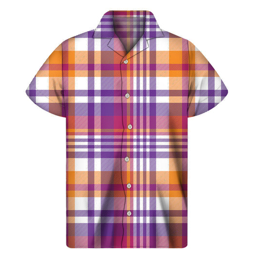 Purple And Orange Madras Plaid Print Men's Short Sleeve Shirt