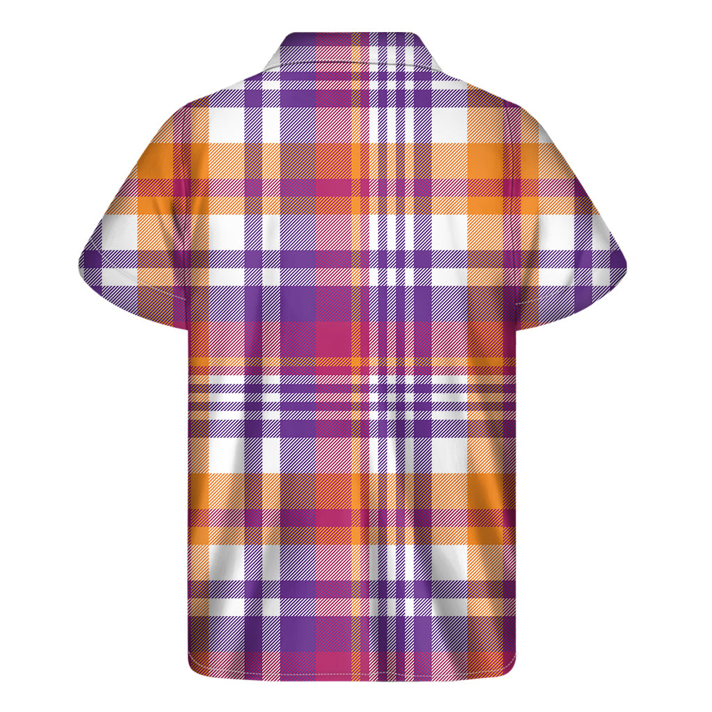 Purple And Orange Madras Plaid Print Men's Short Sleeve Shirt